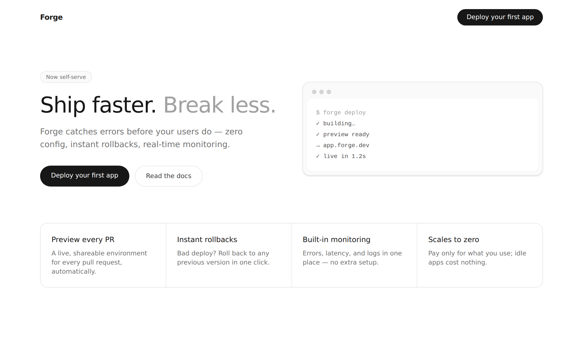 Forge — Developer tools · CI/CD landing page design